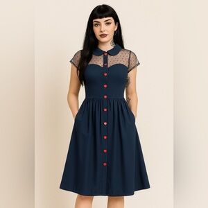 Belle Poque Navy Retro Fit & Flare Dress | Heart Buttons + Pockets | Size L